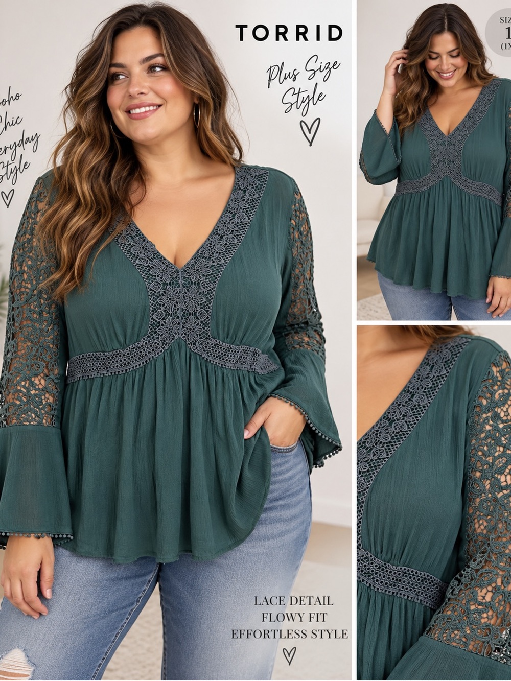 Torrid Size 1 (1X) Teal Lace Detail Babydoll Blouse – Boho